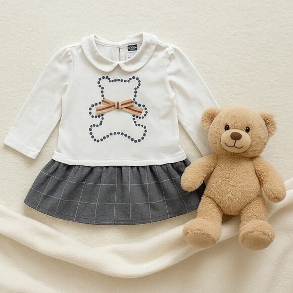 Original Marines Collared Teddy Bear Dress – White Long Sleeves | Baby Girl 6-9M - Picture 1 of 9